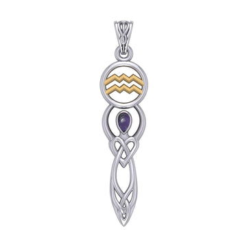 Celtic Goddess Aquarius Astrology Zodiac Sign Silver and Gold Accents Pendant with Garnet MPD5933 - Jewelry